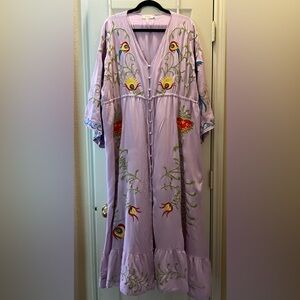 Boho Embroidered Hearts Floral Bird Lavender Kimono Maxi Dress